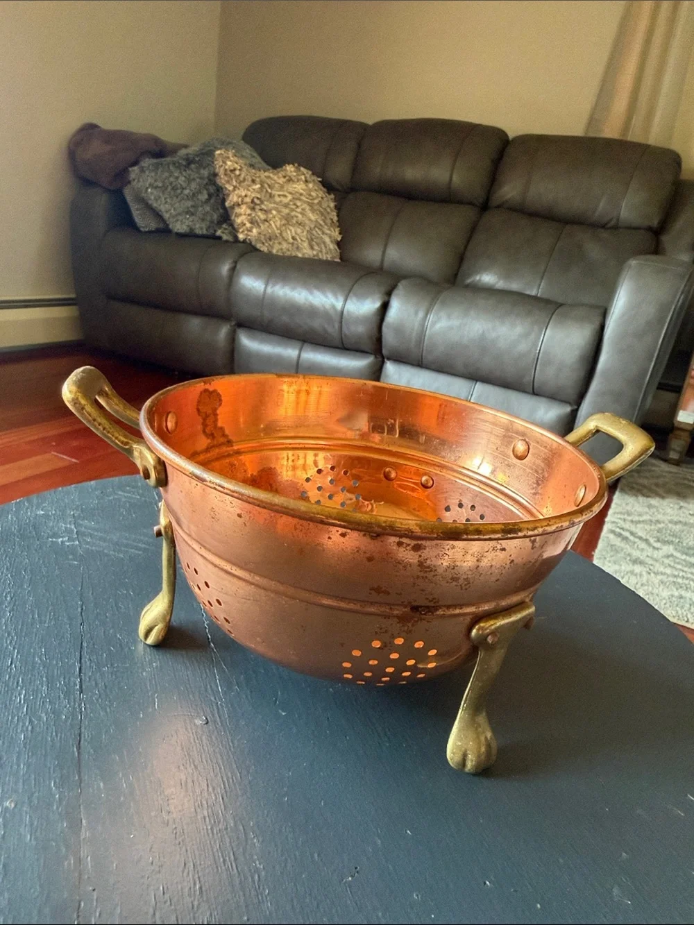 Vintage Copper Colander with Brass Handles and Feet